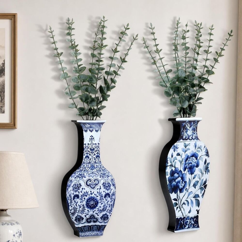 Blulu Wooden Chinoiserie Wall Vase Set - Blue and White